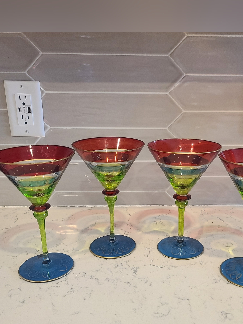 Pier 1 Colorful Handblown Martini Glasses - Red, Green & Blue (Set)